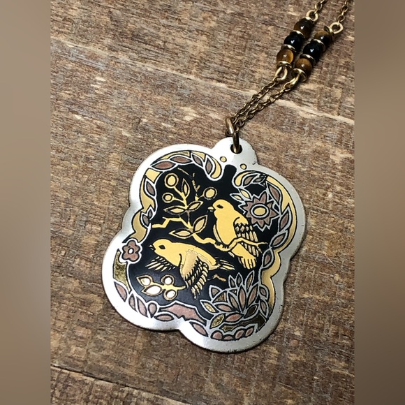 Franklin Mint Messenger of Love Pendant Cloisonné Jewelry Tiger Eye Beads 24k - Picture 5 of 5